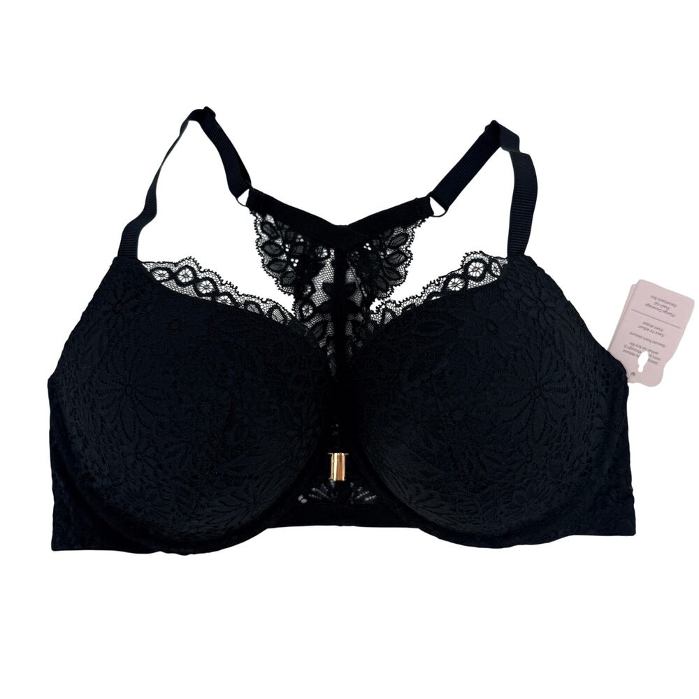 Auden Size 40D Black Lace Push-Up Plunge Bra Racerback Front Closure Underwire